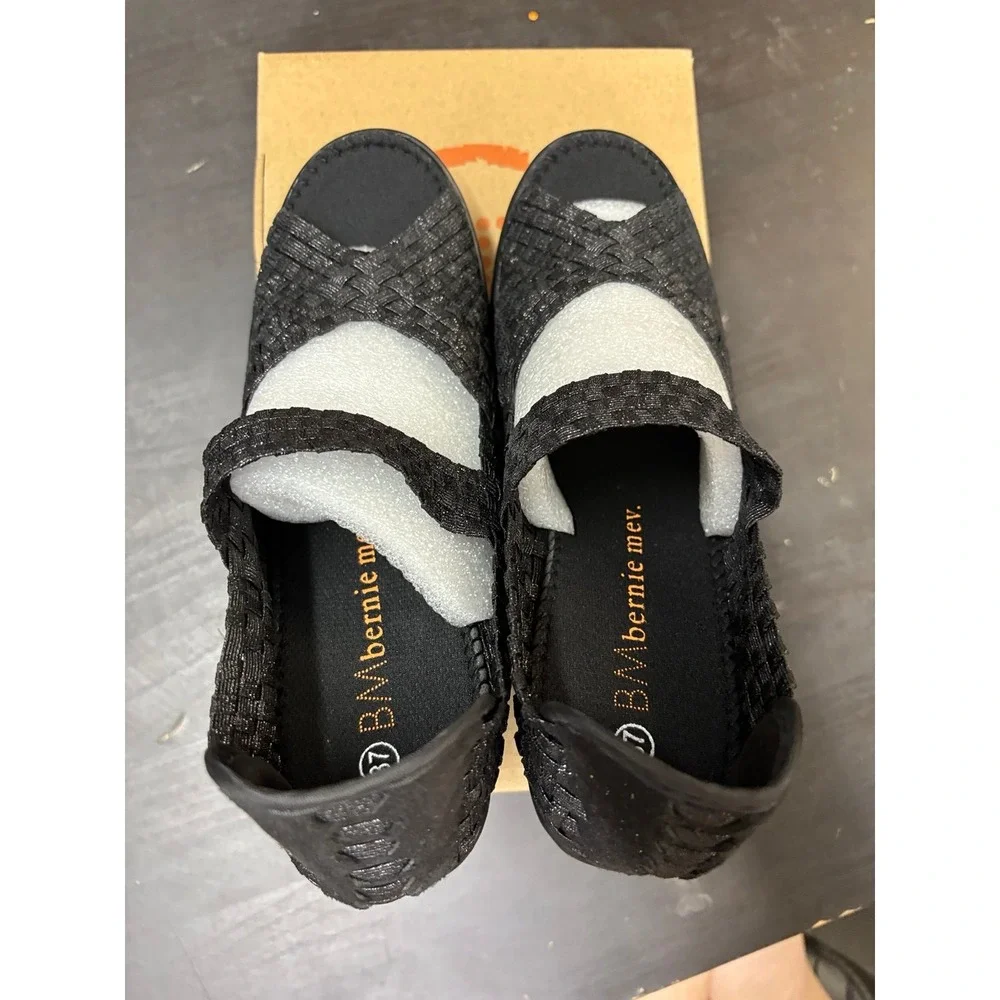 Bernie Mev Lane Black Metallic Woven Wedge Sandals Womens Size 37 US 6-6.5